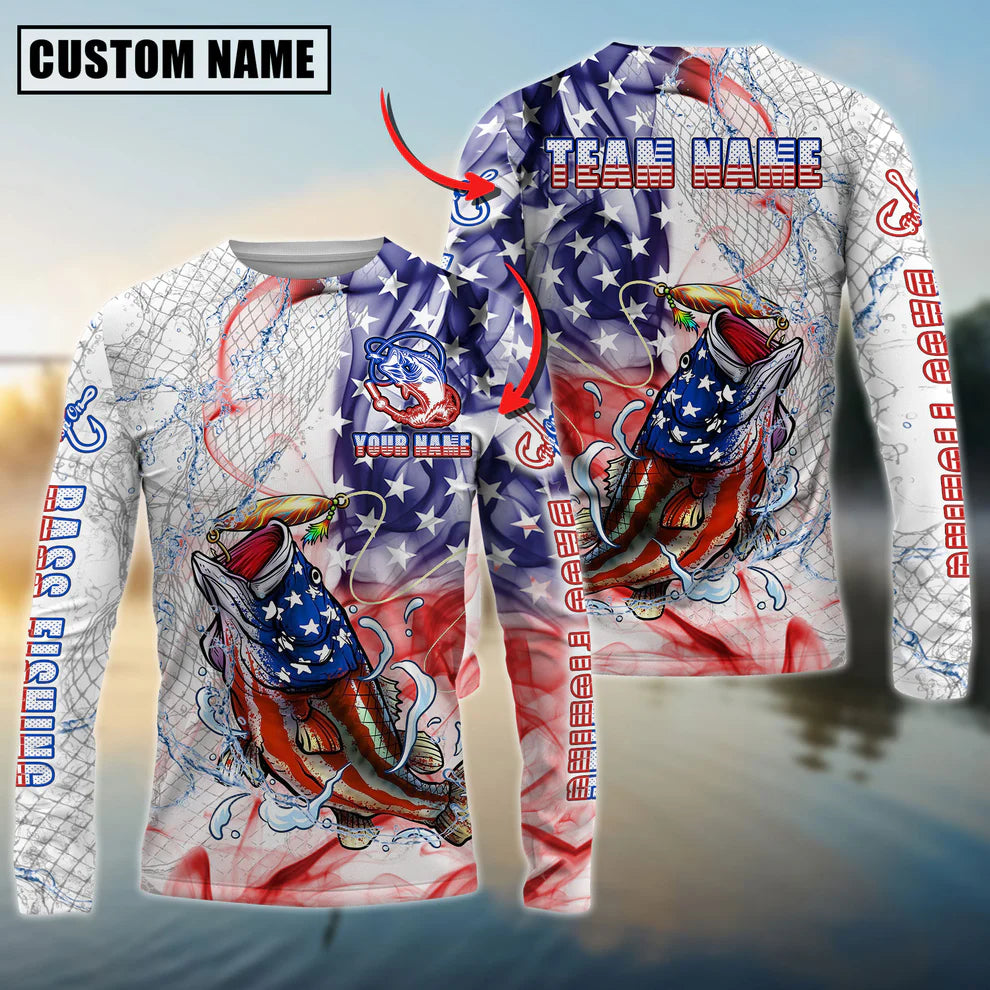 Cowgic Personalized Text Bass Fishing US Flag Pattern 3D Long Sleeve Shirt