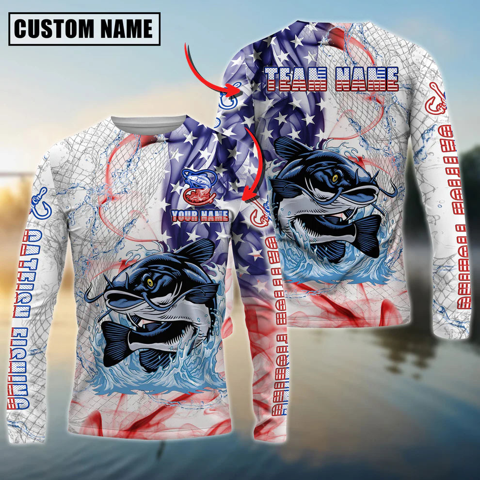 Cowgic Personalized Text Catfish Fishing US Flag Pattern 3D Long Sleeve Shirt