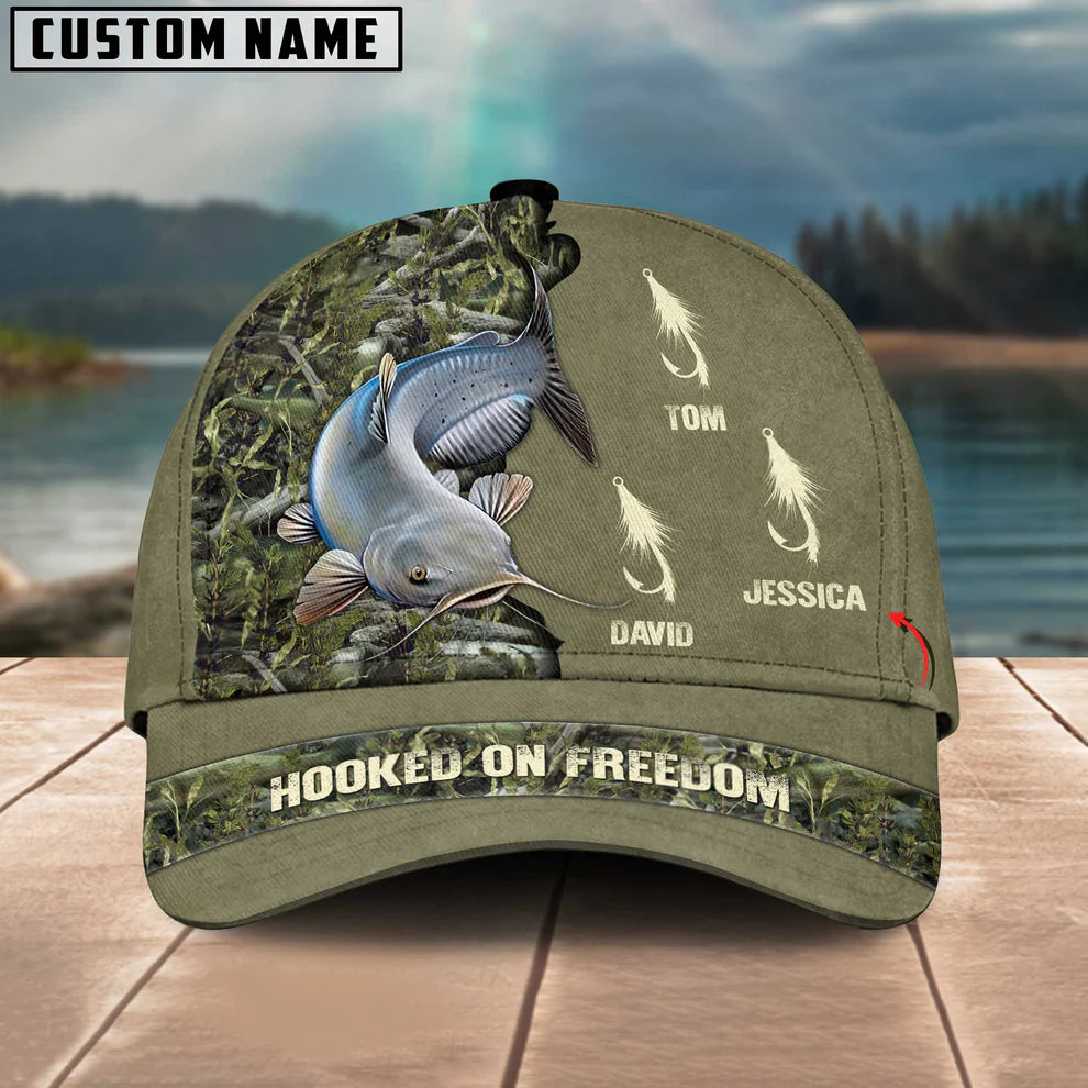 Cowgic Catfish Fishing Hooked On Freedom Personalized Name Blue 3D Classic Cap