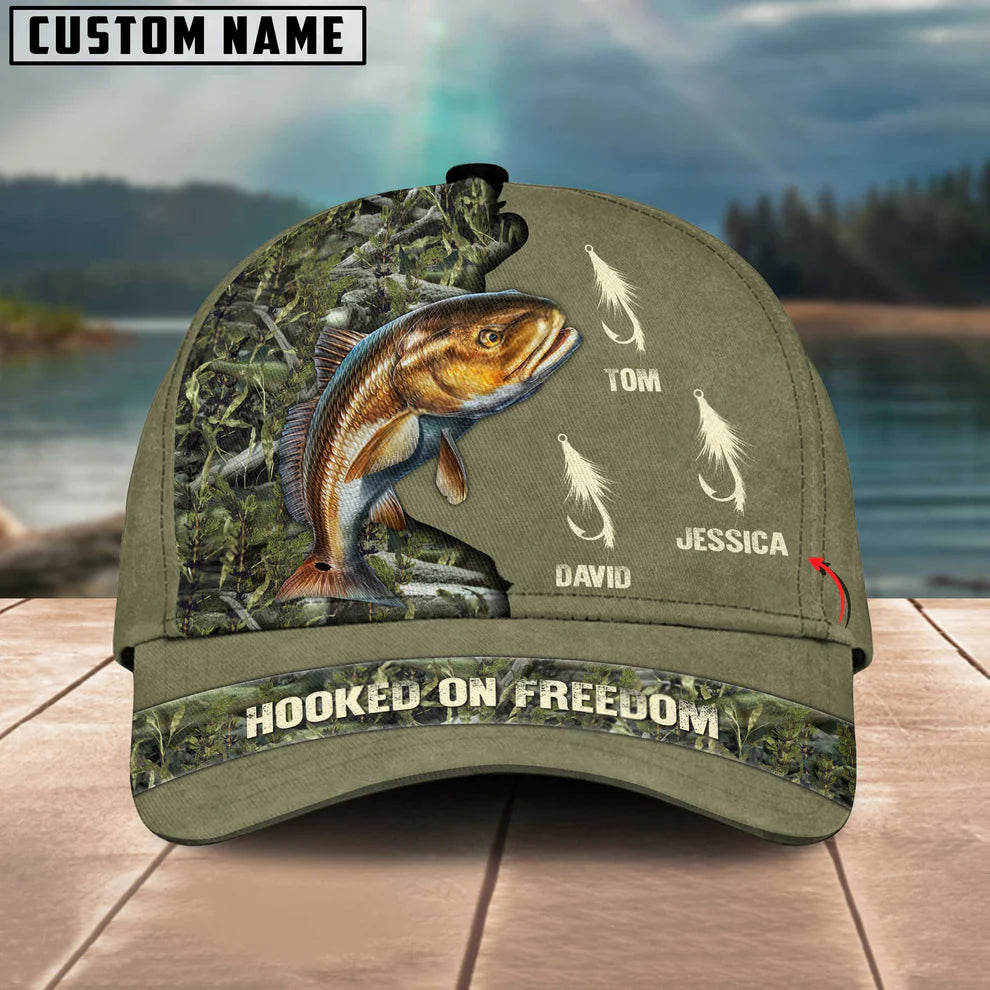 Cowgic Redfish Fishing Hooked On Freedom Personalized Name Blue 3D Classic Cap