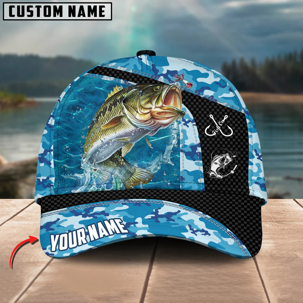 Cowgic Custom Name Bass Fishing Blue Camo 3D Classic Cap