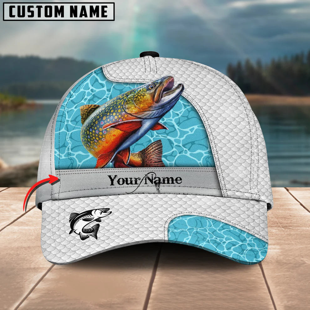 Cowgic Custom Name Trout Fishing White Blue Water 3D Classic Cap