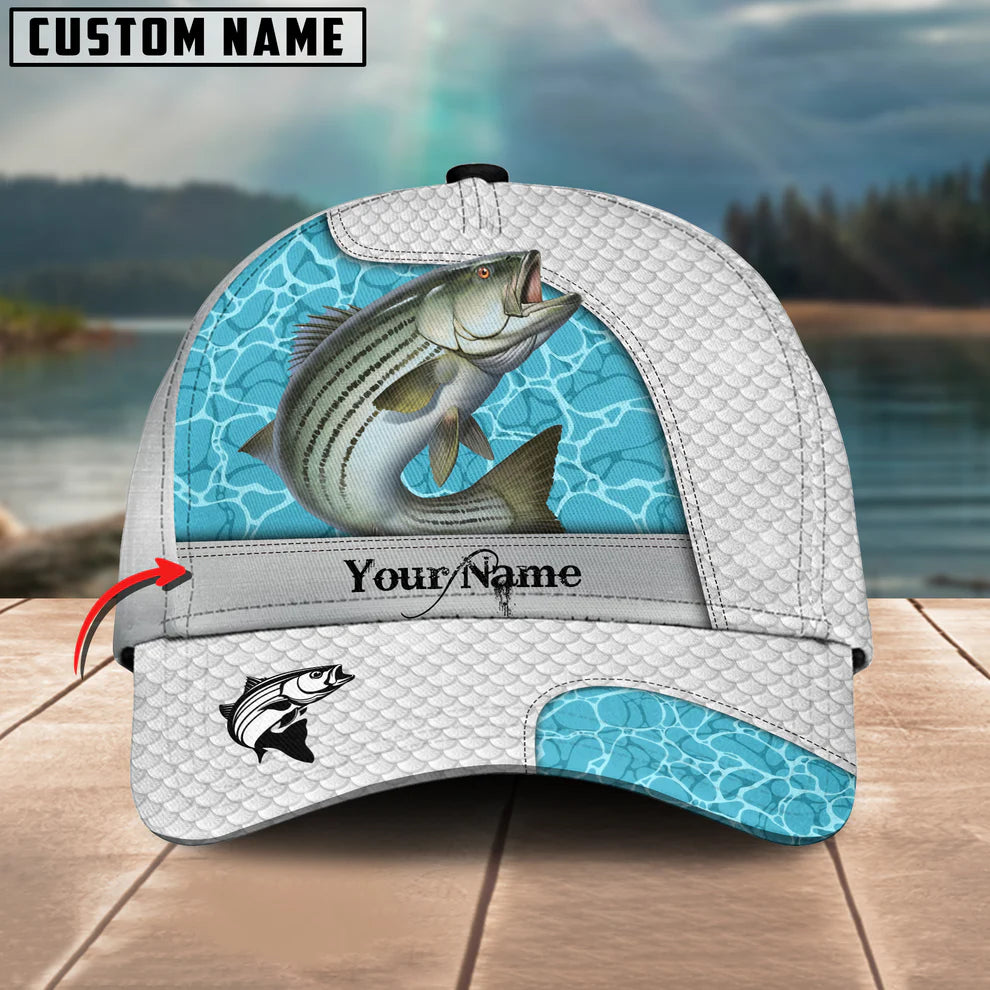 Cowgic Custom Name Striped Fishing White Blue Water 3D Classic Cap