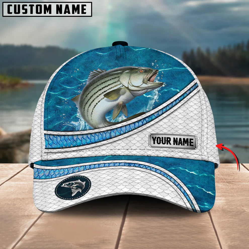 Cowgic Custom Name Striped Bass Fishing Blue Water Pattern 3D Classic Cap
