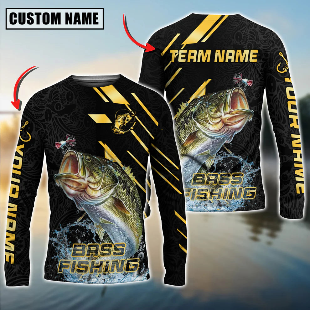 Cowgic Personalized Text Bass Fishing Gold Black Pattern 3D Long Sleeve Shirt