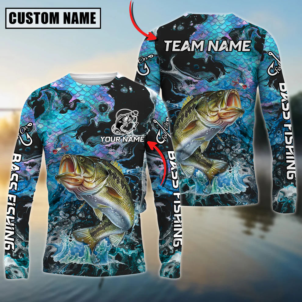 Cowgic Personalized Text Bass Fishing Blue Fishing SkinPattern 3D Long Sleeve Shirt