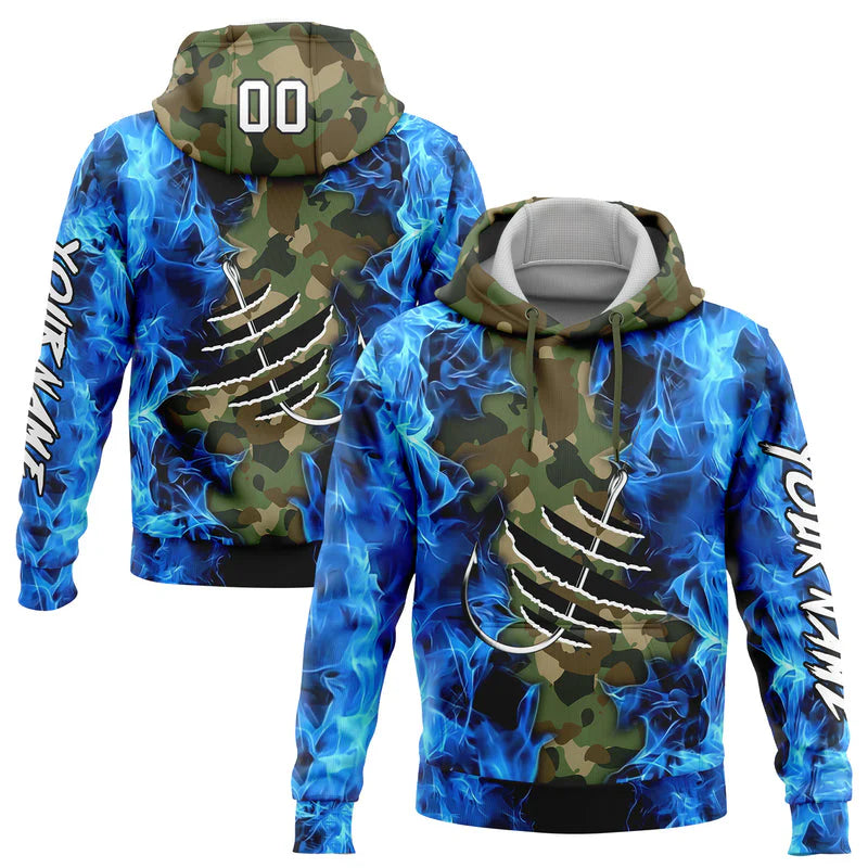 Cowgic Personalized Name Camo And Blue Fire Fishing 3D Hoodie