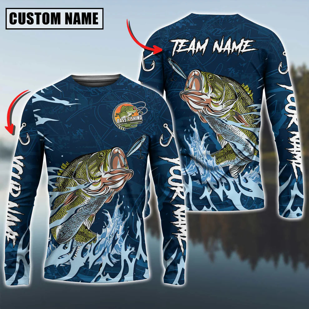 Cowgic Personalized Text Bass Fishing Navy Water Pattern 3D Long Sleeve Shirt