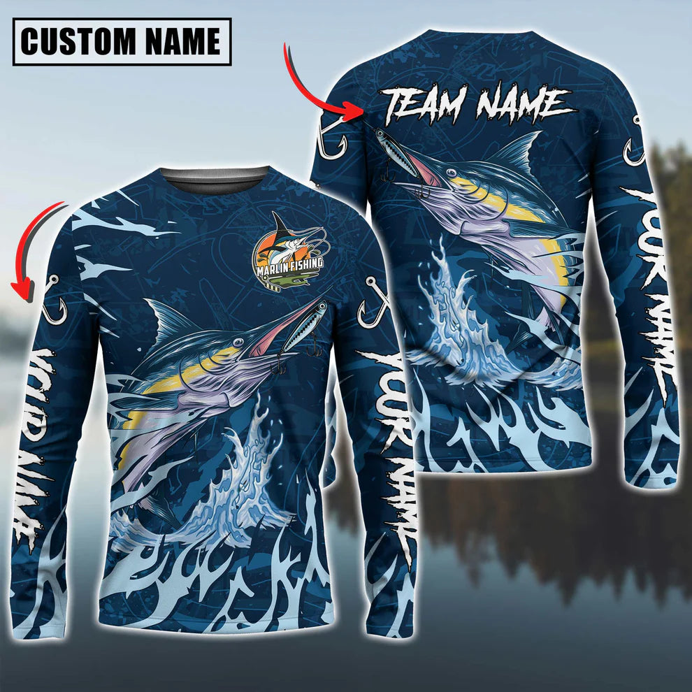 Cowgic Personalized Text Marlin Fishing Navy Water Pattern 3D Long Sleeve Shirt