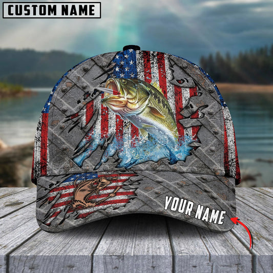 Cowgic Custom Name Bass Fishing US Flag Cap