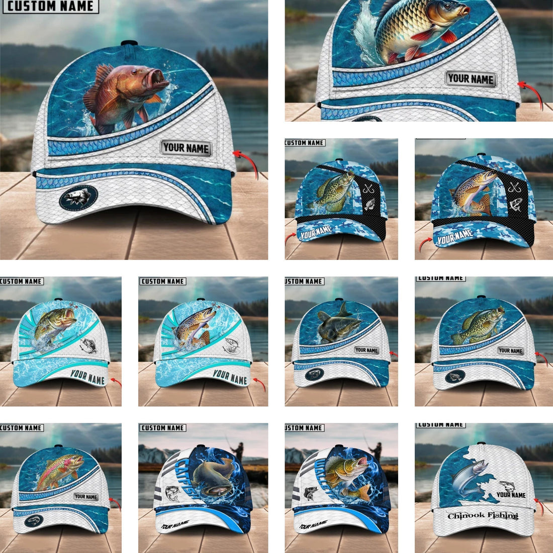 Custom Name Fishing Cap - Blue Water Pattern 3D Classic Cap: Professional Design &amp; Personalized Quality