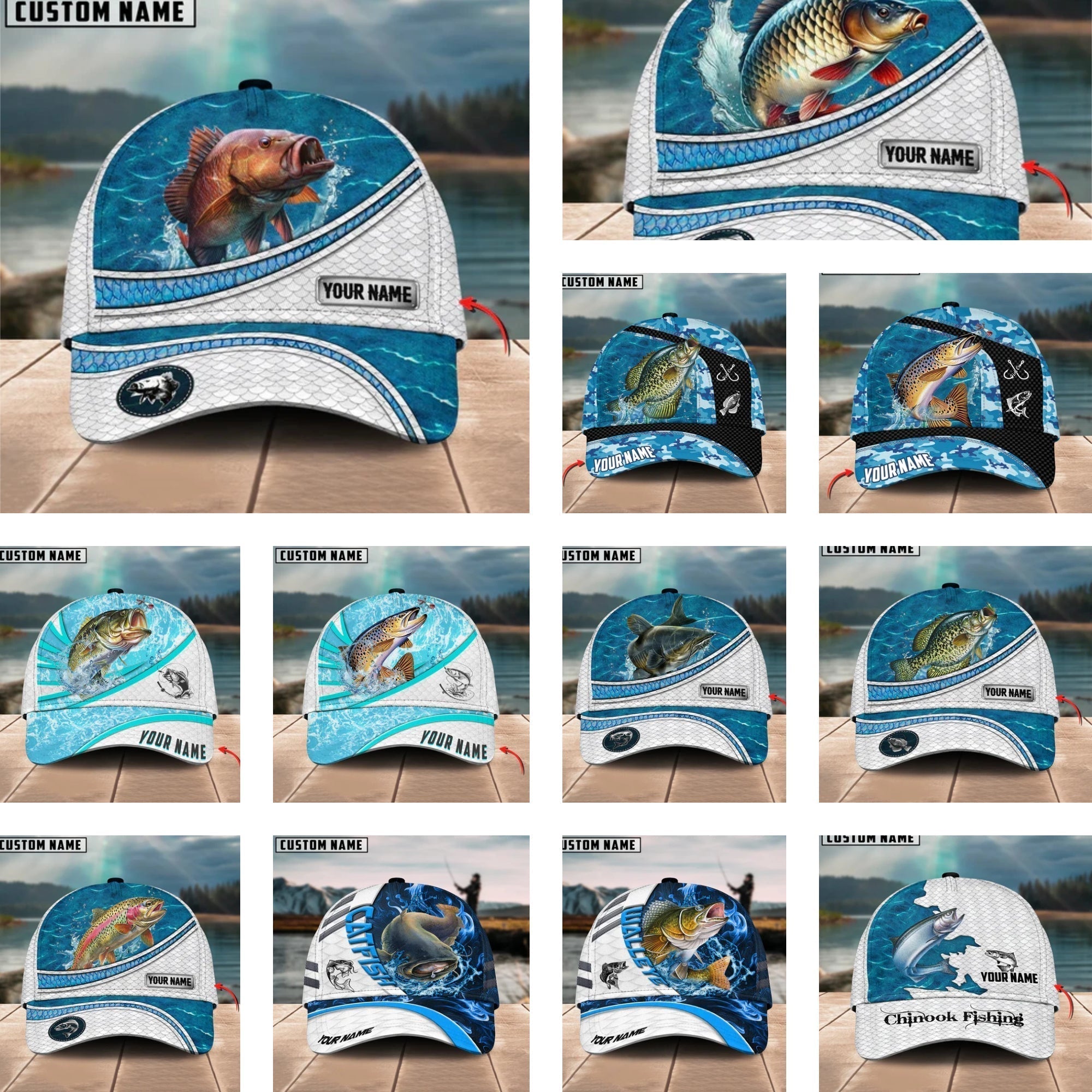 Custom Name Fishing Cap - Blue Water Pattern 3D Classic Cap: Professional Design &amp; Personalized Quality