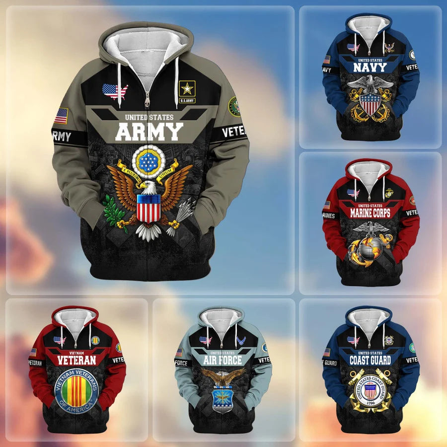 Premium US Veterans Zip Hoodie , Gifts For US Veterans, Gifts On Father's Day, Veterans Day.