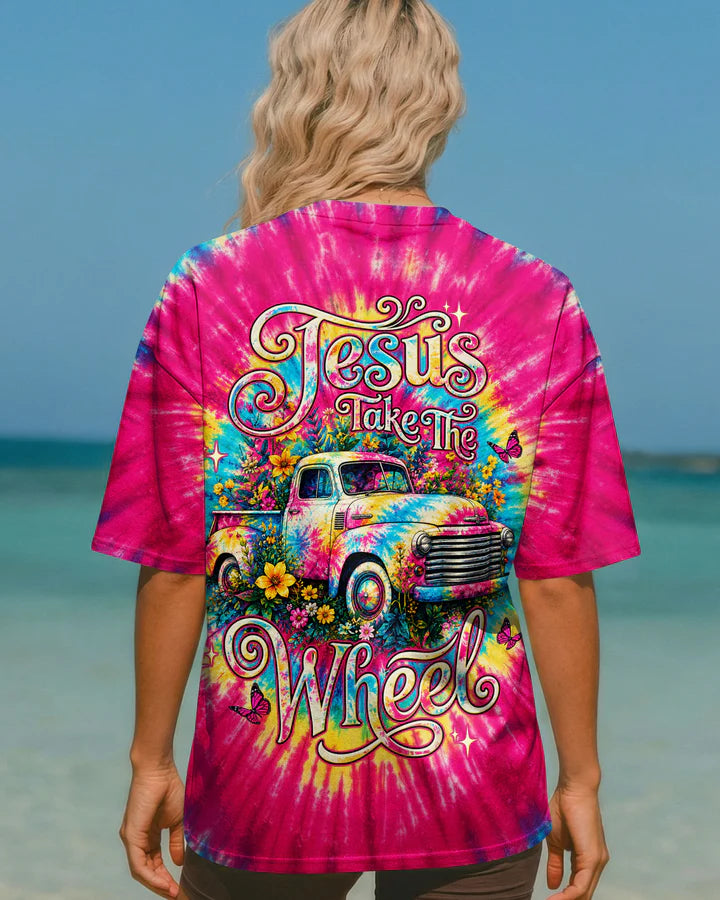 Cowgic Jesus Take The Wheel Colorful Swirl All Over Print Shirt