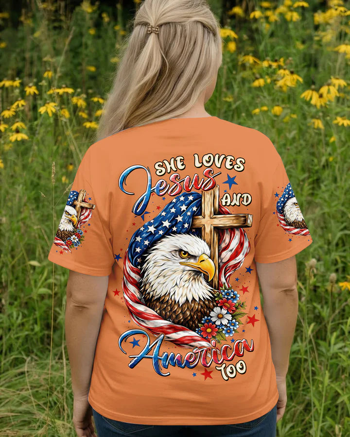 Cowgic She Loves Jesus And America Too Red White & Blue Eagle Women's All Over Print