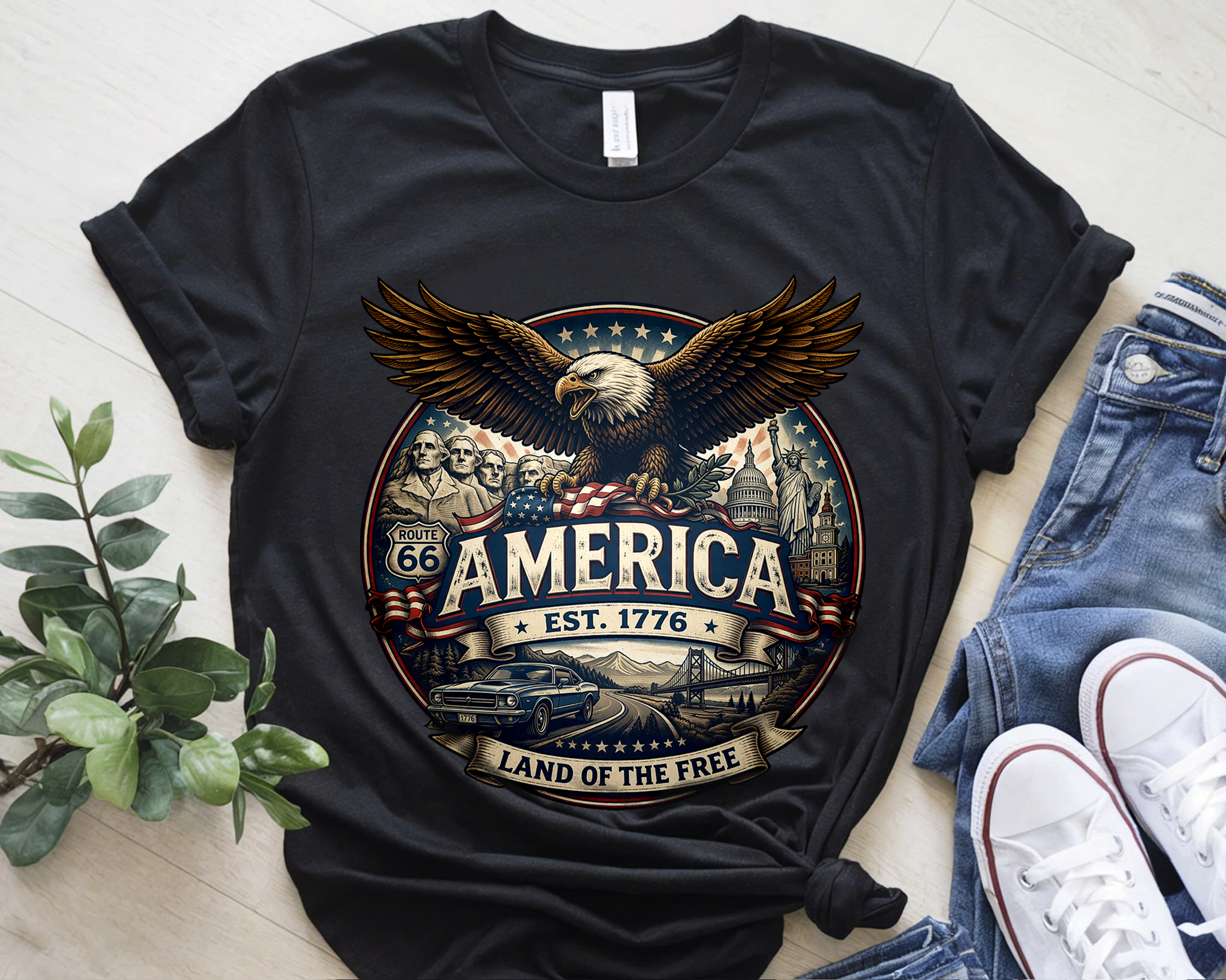 Cowgic America Est. 1776 "Land of the Free" Heritage Tee - Route 66 & Landmarks Graphic Shirt