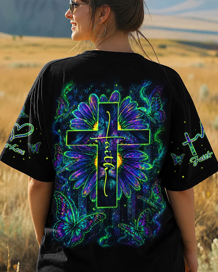Cowgic Faith Cross Daisies Lion Art Women's All Over Print Shirt