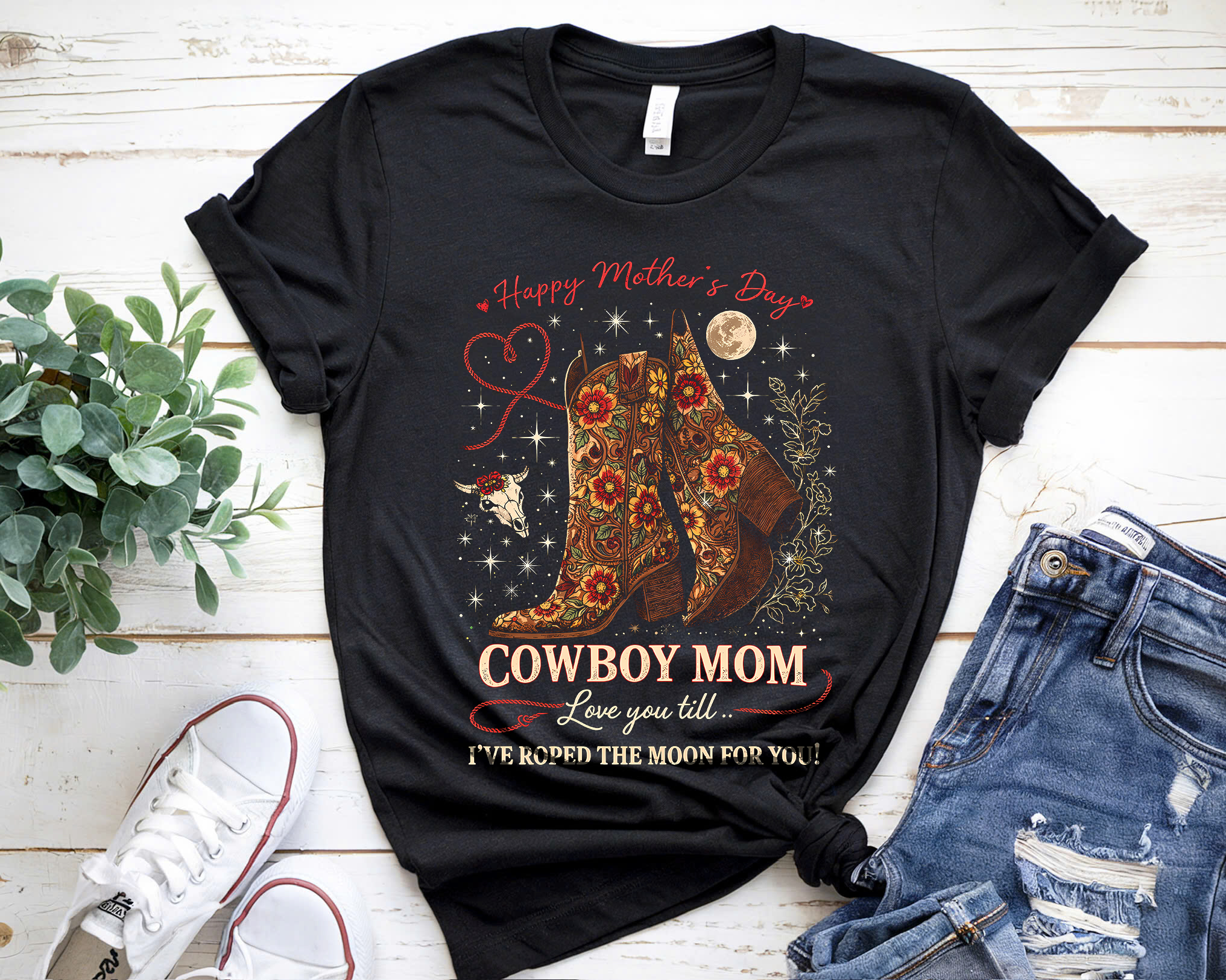 Cowgic Cowboy Mom "Roped the Moon" Floral Boot Tee
