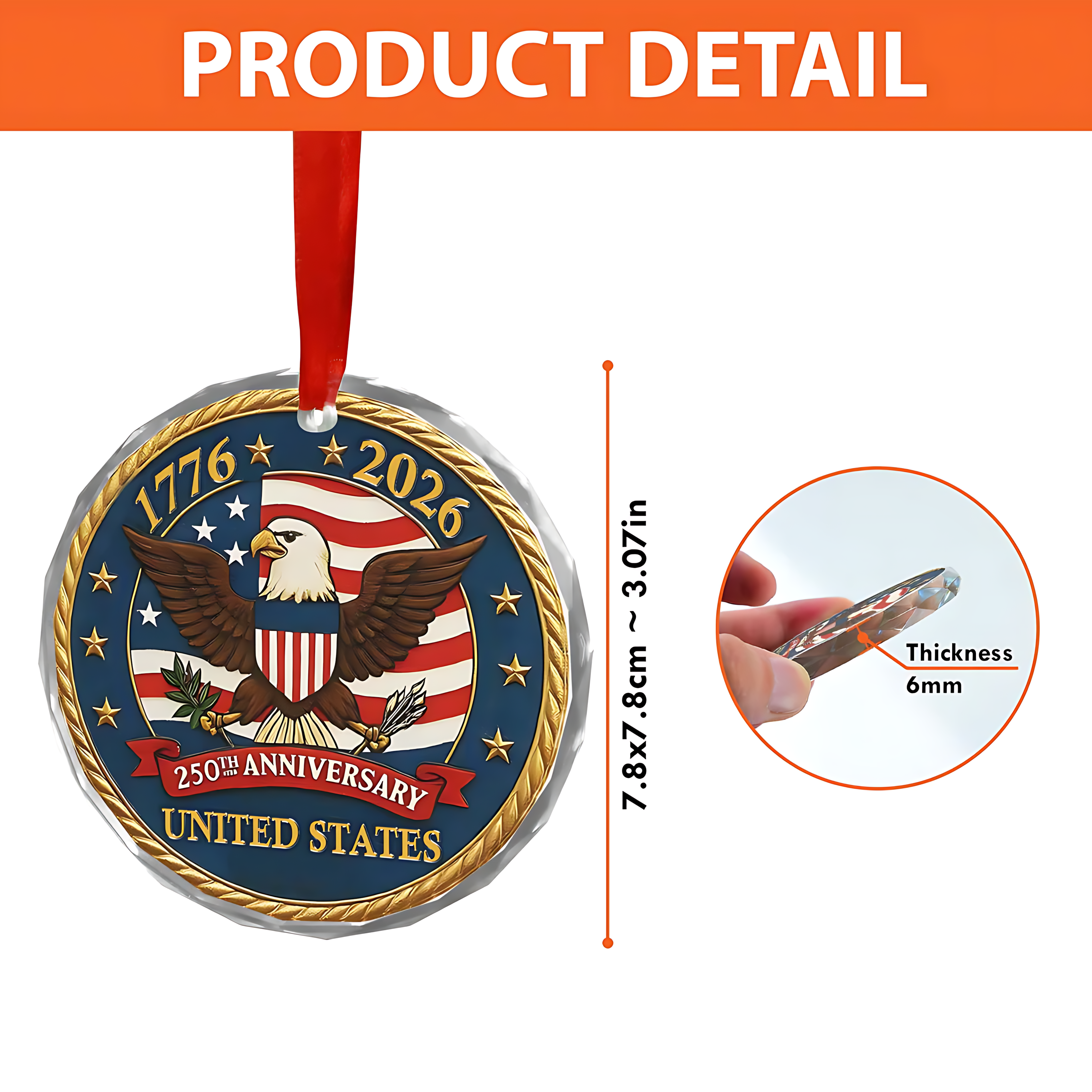 Cowgic United States 250 Years Anniversary Glass Ornament | America 250 Anniversary | Happy 250th Birthday USA | Patriotic 4th of July Glass Ornament for Christmas Decor 682737