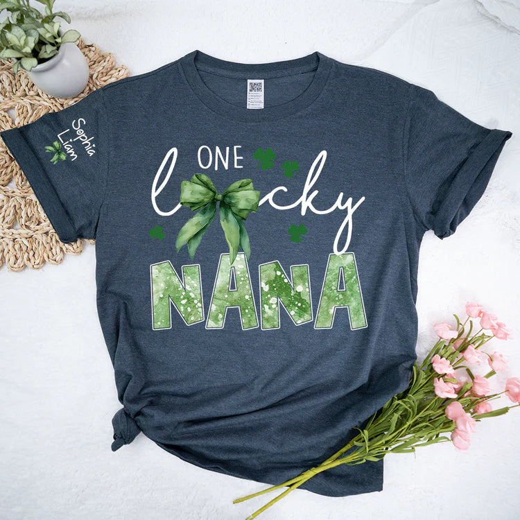 One Lucky Nana Shirt for St Patrick’s Day, Personalized Grandma Shamrock Clover T Shirt with Kids Names