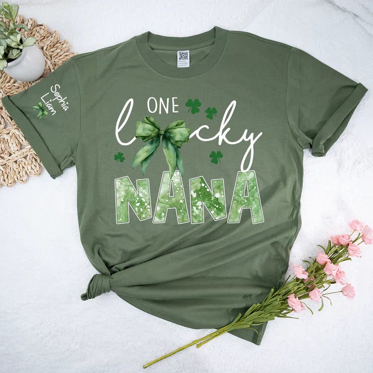One Lucky Nana Shirt for St Patrick’s Day, Personalized Grandma Shamrock Clover T Shirt with Kids Names