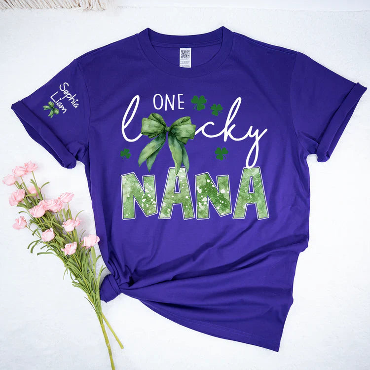 One Lucky Nana Shirt for St Patrick’s Day, Personalized Grandma Shamrock Clover T Shirt with Kids Names