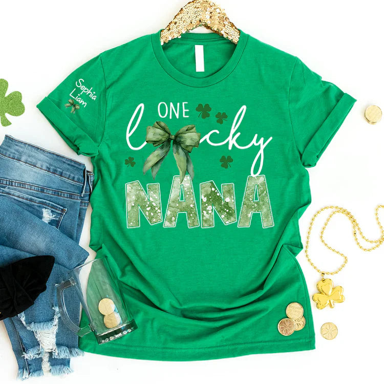 One Lucky Nana Shirt for St Patrick’s Day, Personalized Grandma Shamrock Clover T Shirt with Kids Names
