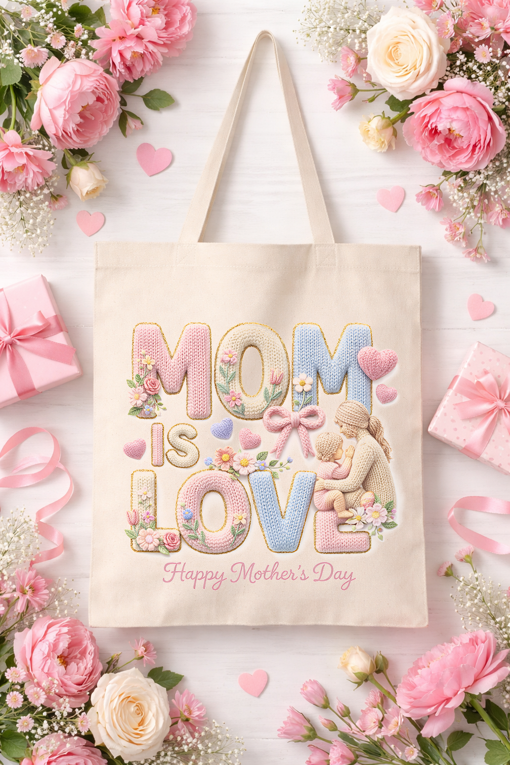 Cowgic Floral Knitted "Mom Is Love" Cotton Tote Bag
