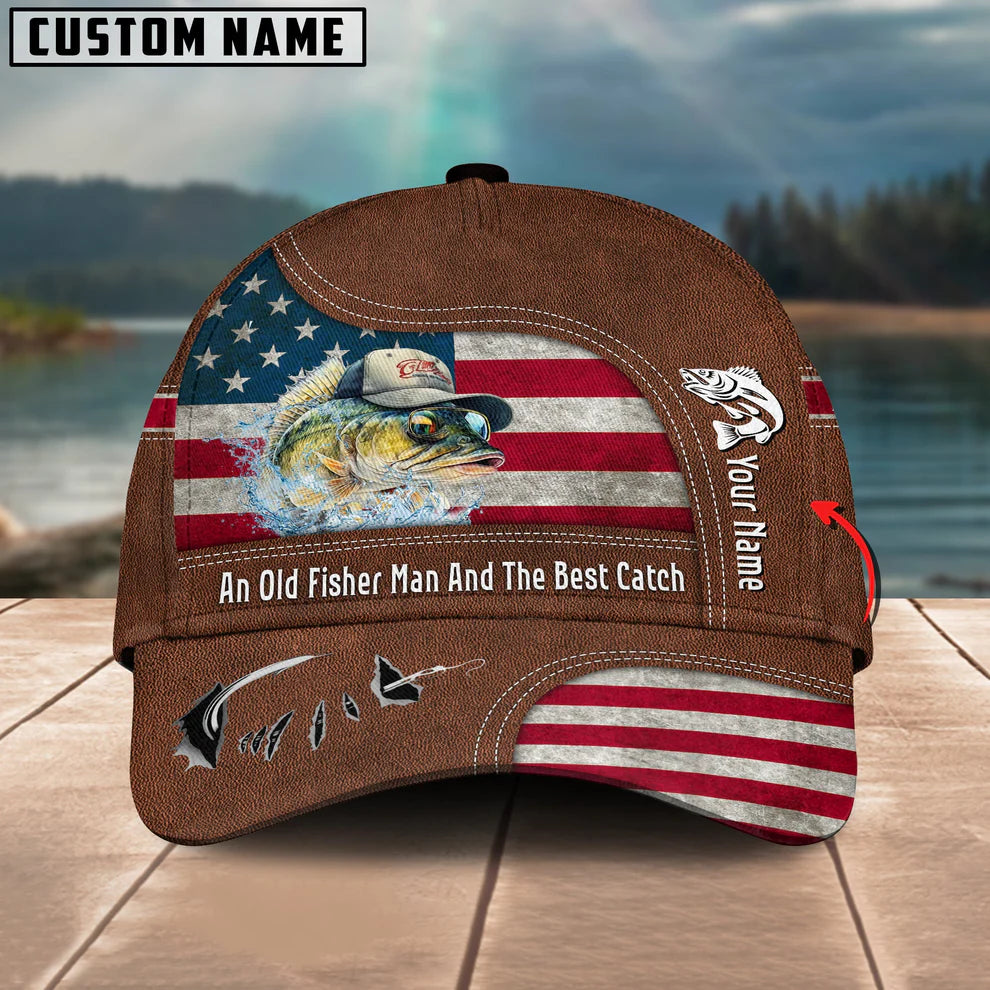 Cowgic Walleye Fishing US Flag Personalized Name Blue 3D Classic Cap