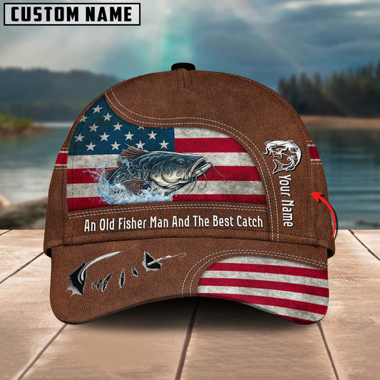 Cowgic Catfish Fishing US Flag Personalized Name Blue 3D Classic Cap