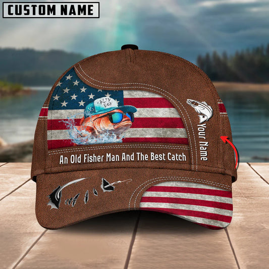 Cowgic Striped Bass Fishing US Flag Personalized Name Blue 3D Classic Cap
