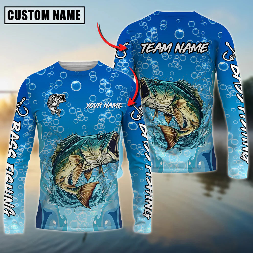 Cowgic Personalized Text Bass Fishing Funny Cartoon Bubble Design 3D Long Sleeve Shirt