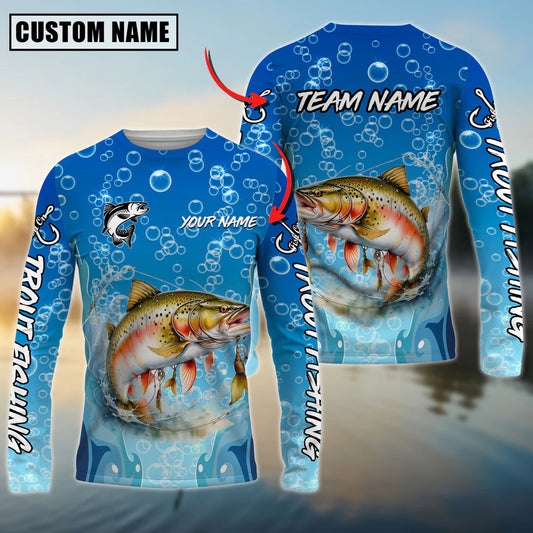 Cowgic Personalized Text Trout Fishing Funny Cartoon Bubble Design 3D Long Sleeve Shirt