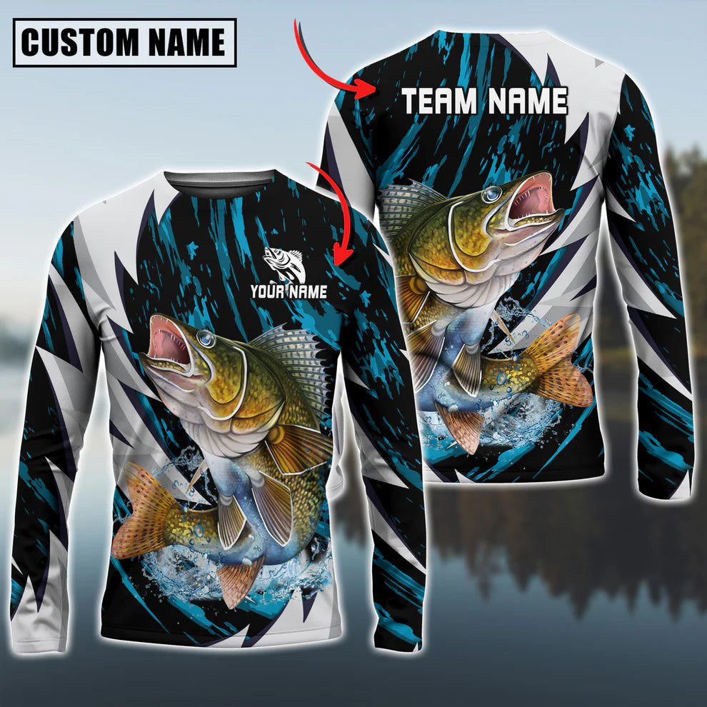 Cowgic Personalized Text Walleye Fishing Thunder Pattern 3D Long Sleeve Shirt