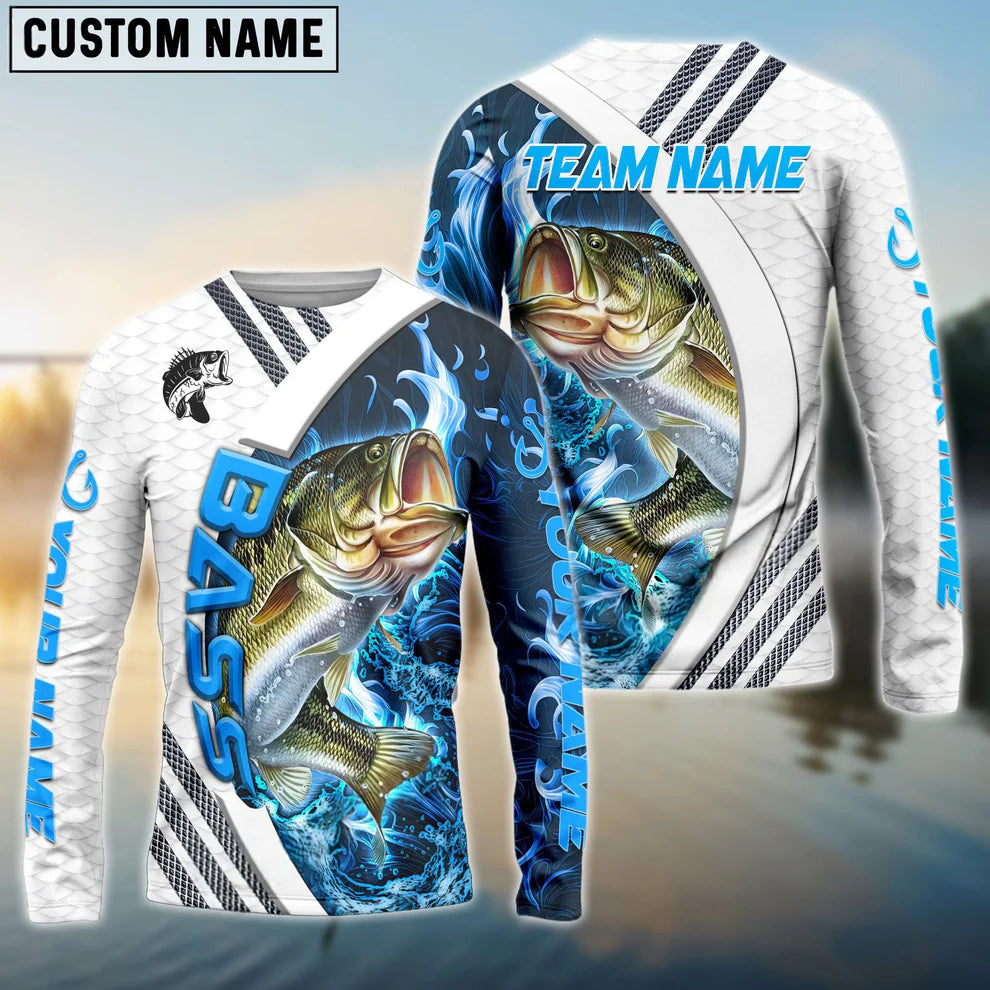 Cowgic Personalized Text Bass Fishing White Blue Lava Sport Pattern 3D Long Sleeve Shirt