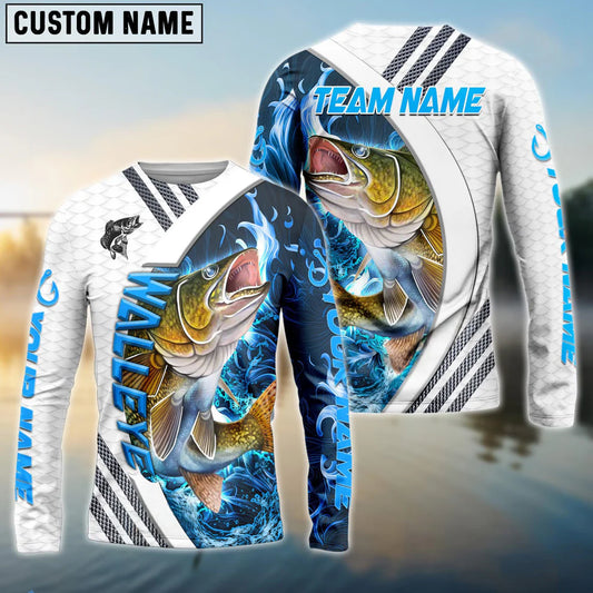 Cowgic Personalized Text Walleye Fishing White Blue Lava Sport Pattern 3D Long Sleeve Shirt