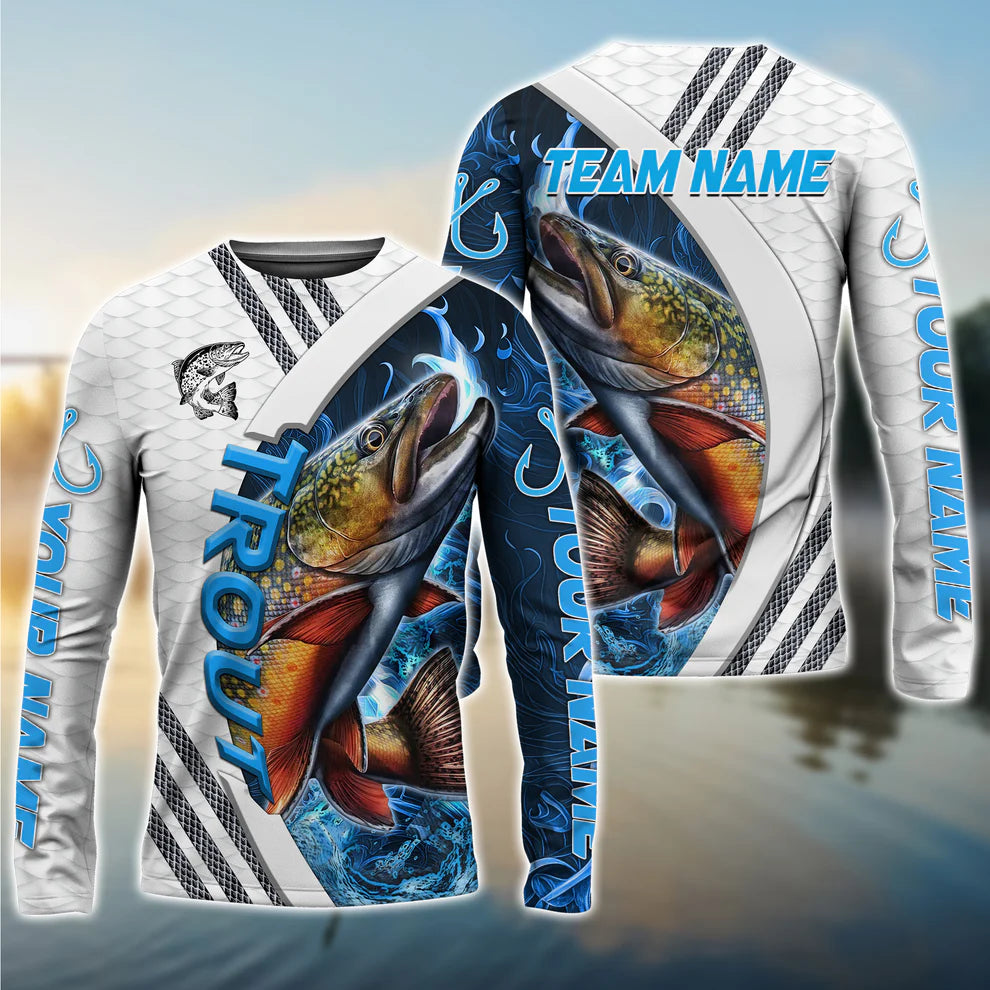 Cowgic Personalized Text Trout Fishing White Blue Lava Sport Pattern 3D Long Sleeve Shirt