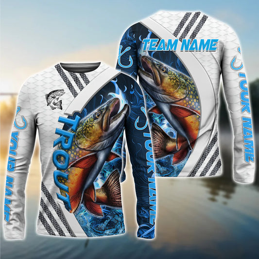 Cowgic Personalized Text Trout Fishing White Blue Lava Sport Pattern 3D Long Sleeve Shirt