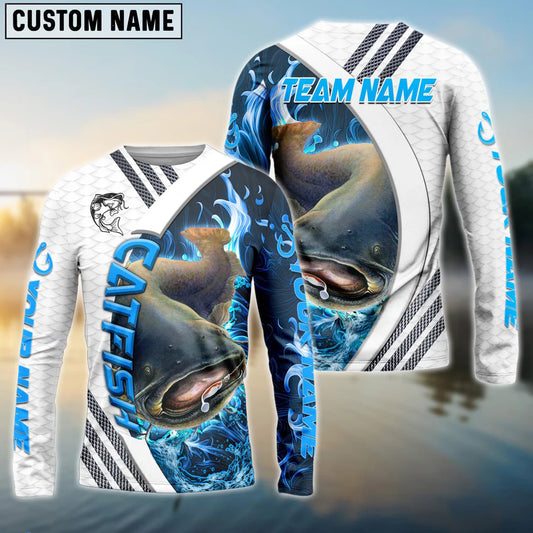 Cowgic Personalized Text Catfish Fishing White Blue Lava Sport Pattern 3D Long Sleeve Shirt