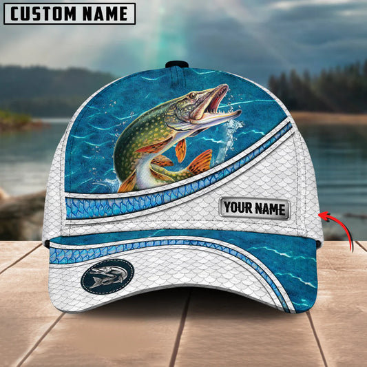 Cowgic Custom Name Northern Pike Fishing Blue Water Pattern 3D Classic Cap