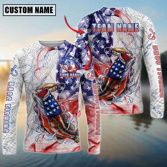 Cowgic Personalized Text Bass Fishing US Flag Pattern 3D Long Sleeve Shirt