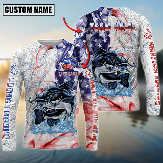 Cowgic Personalized Text Catfish Fishing US Flag Pattern 3D Long Sleeve Shirt