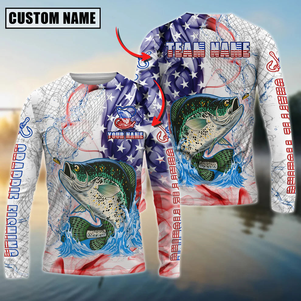 Cowgic Personalized Text Crappie Fishing US Flag Pattern 3D Long Sleeve Shirt