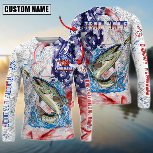 Cowgic Personalized Text Trout Fishing US Flag Pattern 3D Long Sleeve Shirt