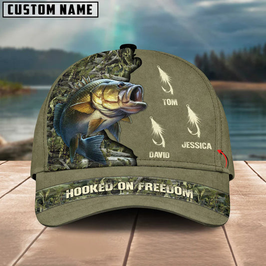 Cowgic Bass Fishing Hooked On Freedom Personalized Name Blue 3D Classic Cap