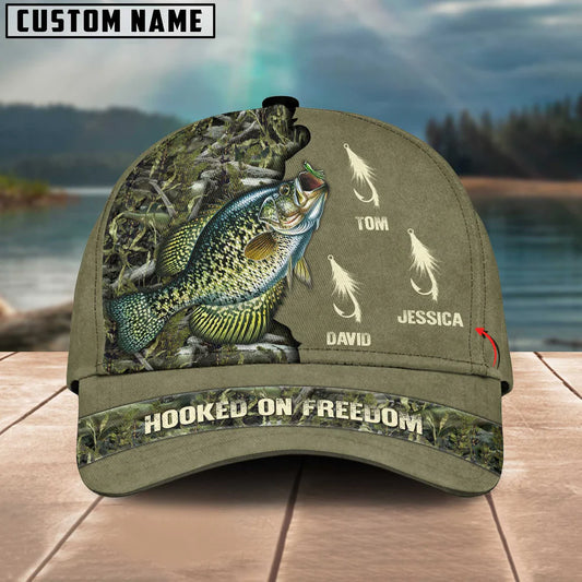 Cowgic Crappie Fishing Hooked On Freedom Personalized Name Blue 3D Classic Cap