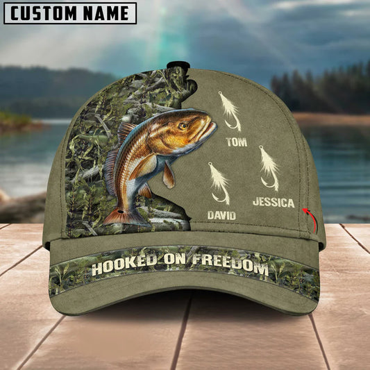 Cowgic Redfish Fishing Hooked On Freedom Personalized Name Blue 3D Classic Cap