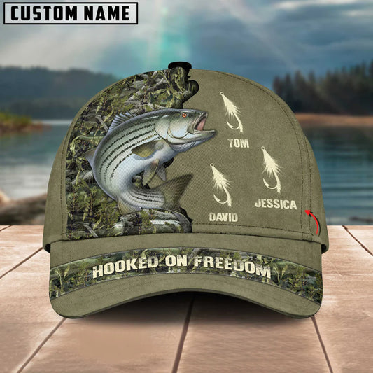 Cowgic Striped Bass Fishing Hooked On Freedom Personalized Name Blue 3D Classic Cap