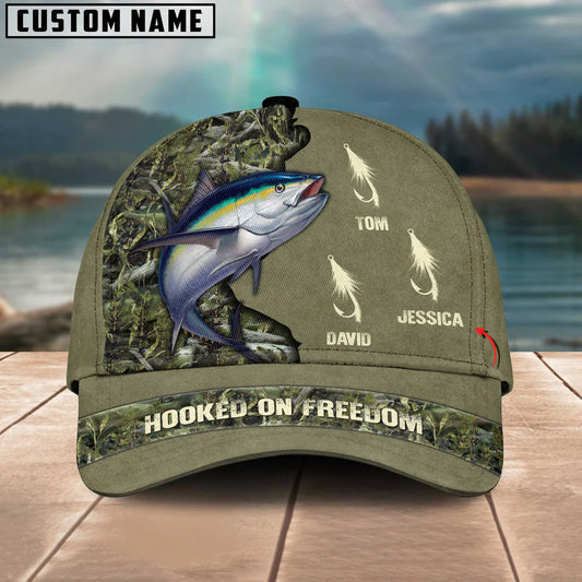 Cowgic Tuna Fishing Hooked On Freedom Personalized Name Blue 3D Classic Cap