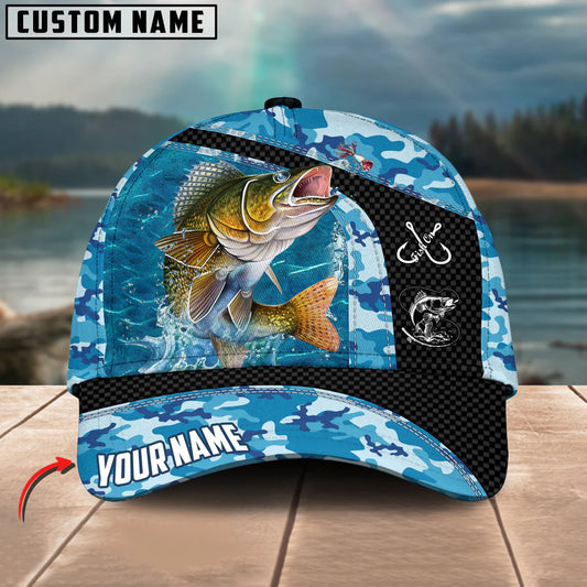 Cowgic Custom Name Walleye Fishing Blue Camo 3D Classic Cap